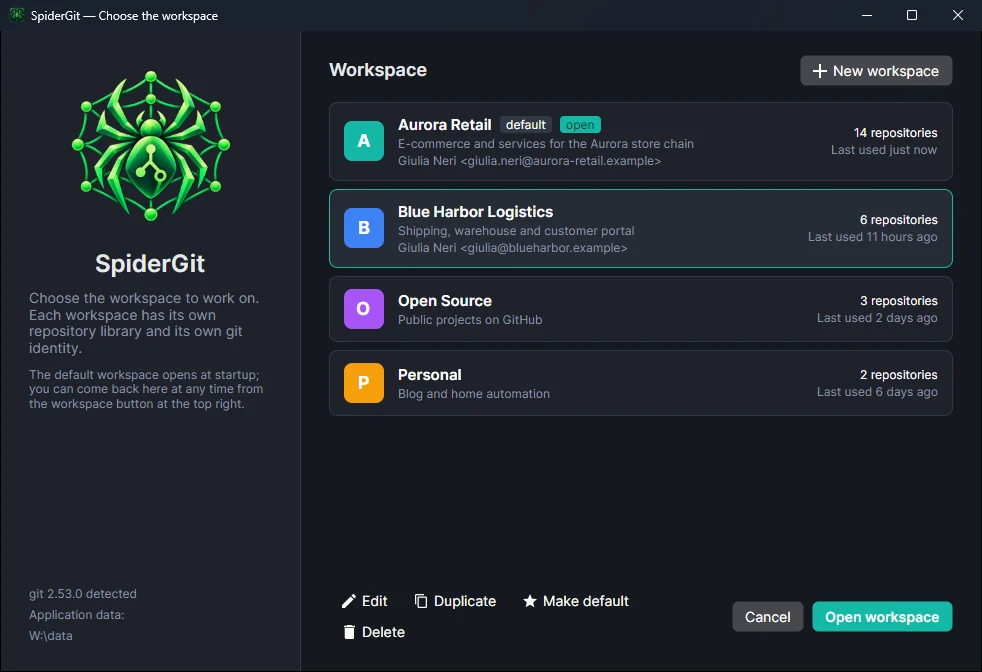 Picker window with four colored workspaces (Aurora Retail, Blue Harbor Logistics, Open Source, Personal), each with its git name and email.