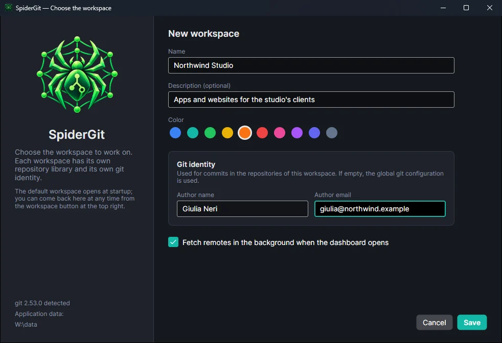New workspace form with name, description, color, git name and email, and automatic fetch.