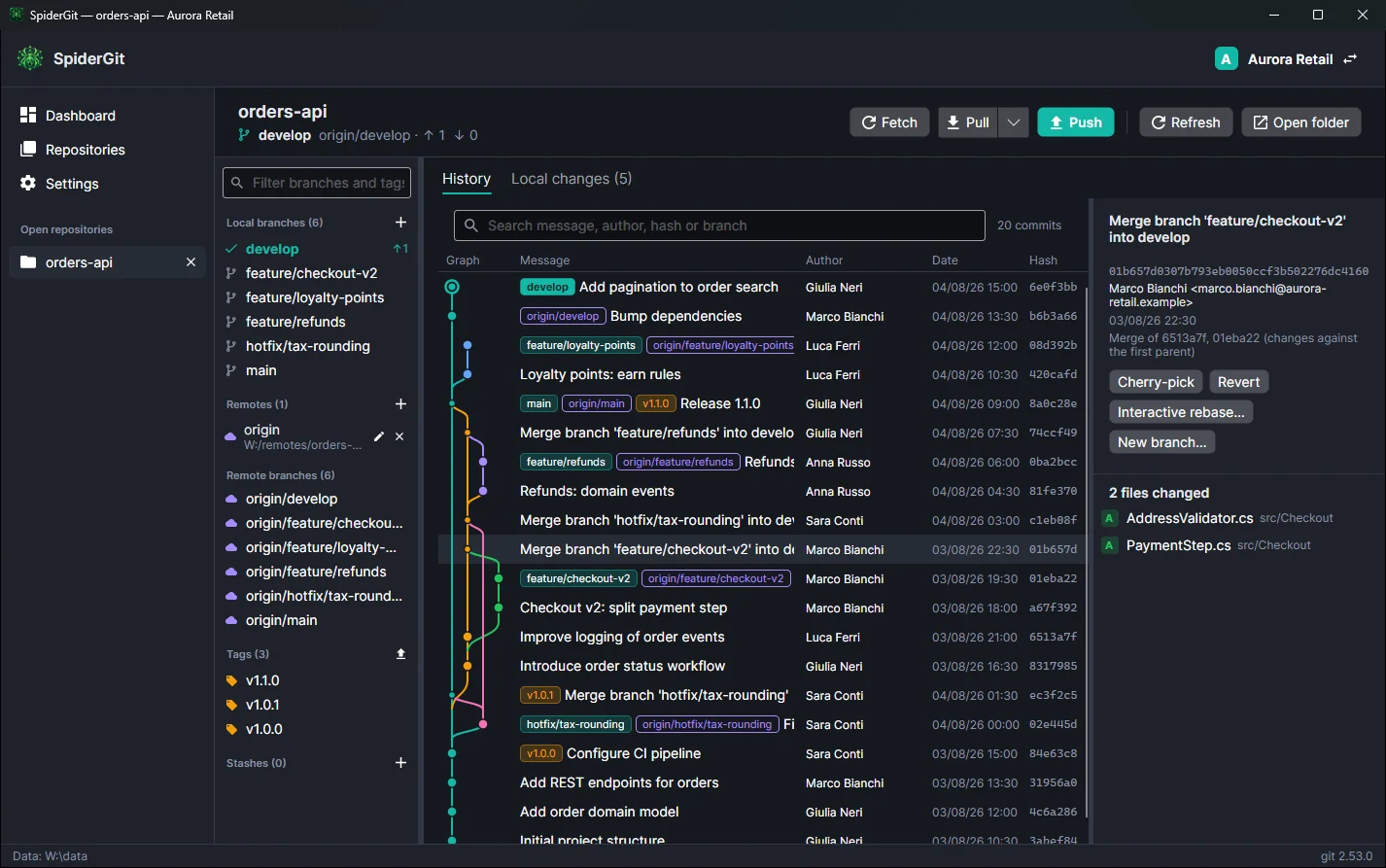 Repository view with the branches, tags, remotes and stashes panel on the left and the history with a colored branch graph and labels on the commits.