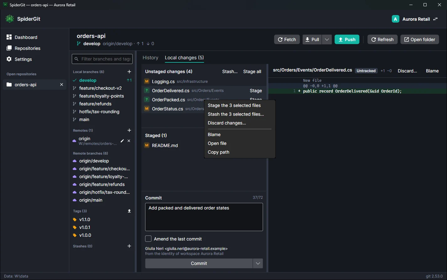 Three files selected in the changes list with the context menu open on Stage and Stash selected files.
