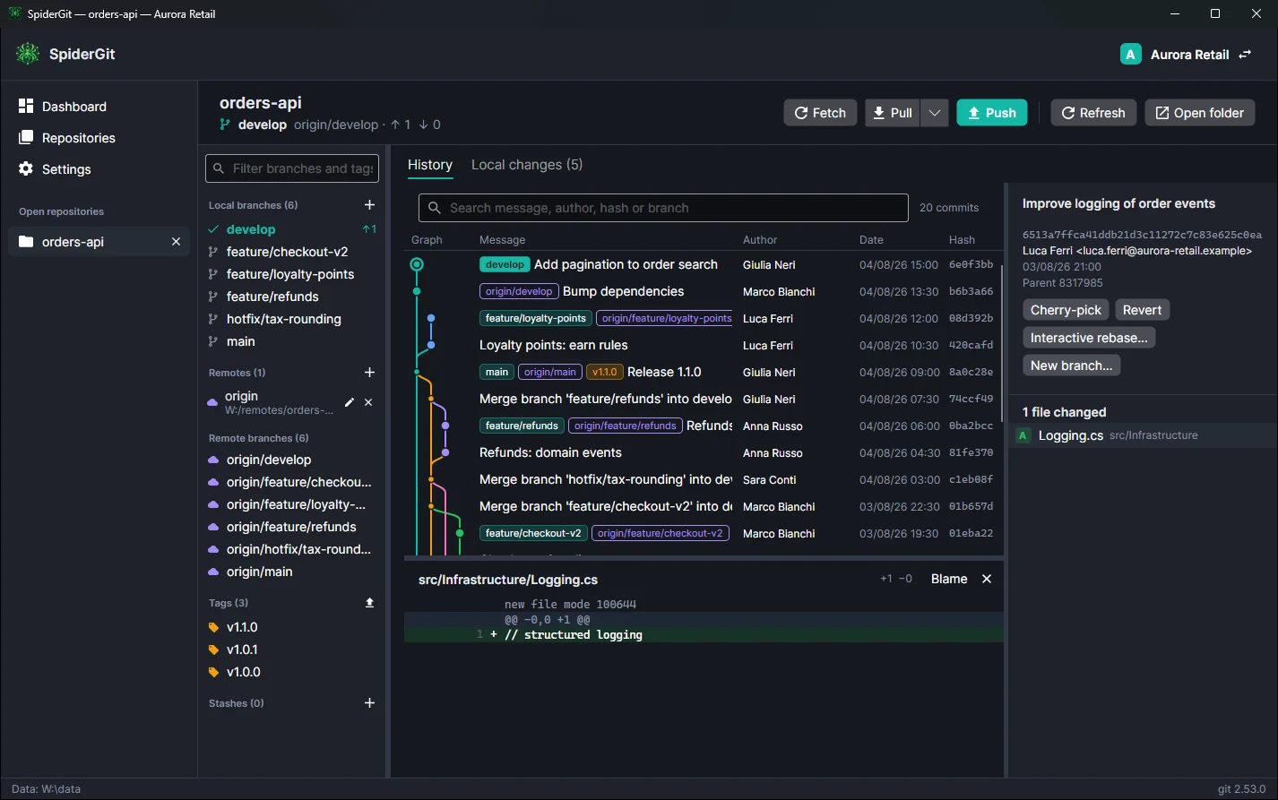 History with a selected commit and, below, the full message, author, date, changed files and diff.