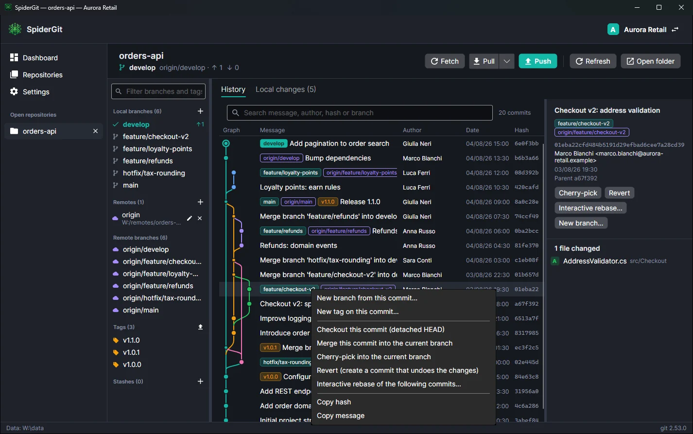 A commit's context menu with new branch, tag, checkout, merge, cherry-pick, revert, interactive rebase and copy.
