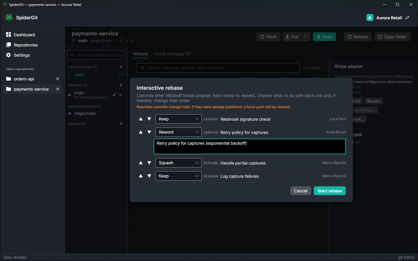 Interactive rebase window with the list of commits, the action chosen for each and arrows to reorder them.