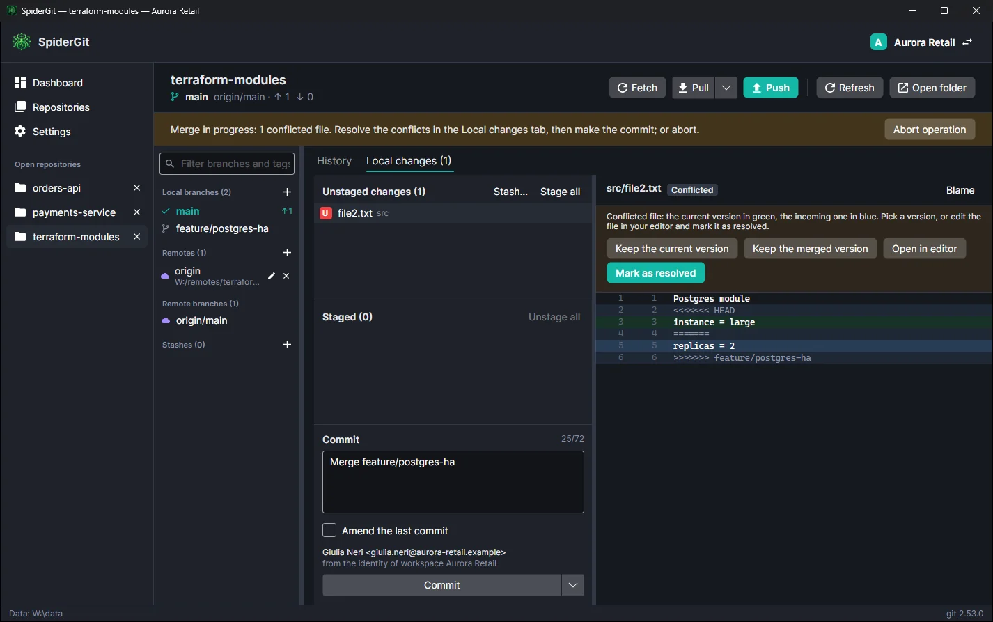 Merge in progress banner with the Abort operation button and a conflicted file with both versions highlighted.
