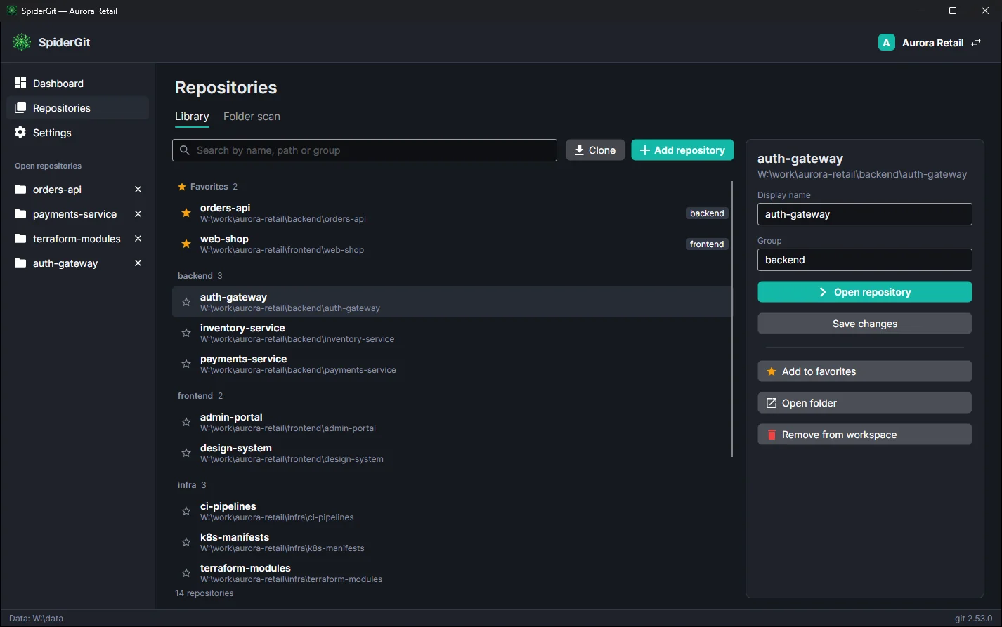 Repository library split into favorites and groups, with the details panel for name, group and path.