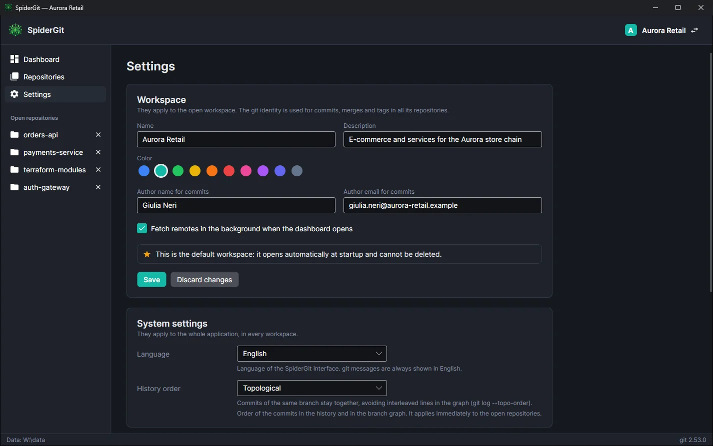 Settings page editing the open workspace: name, color, git identity and automatic fetch.