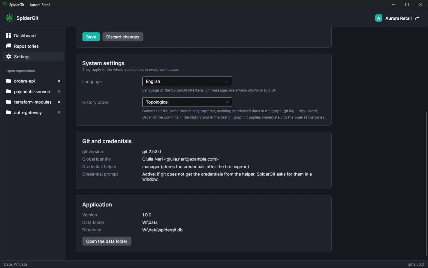 System settings tab with the choice of language and history order.