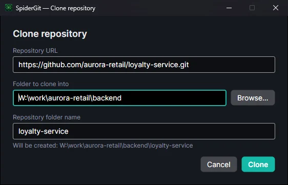 Clone repository window with URL, destination folder and repository folder name.