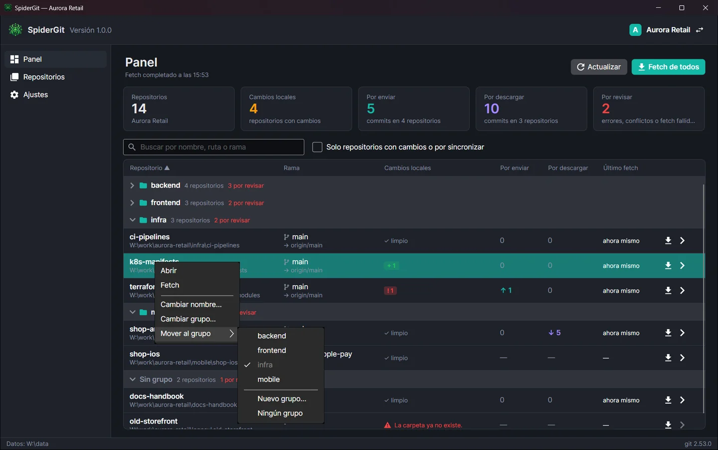 Menú contextual abierto sobre un repositorio del panel con Abrir, Fetch, Cambiar nombre, Cambiar grupo y el submenú Mover al grupo.