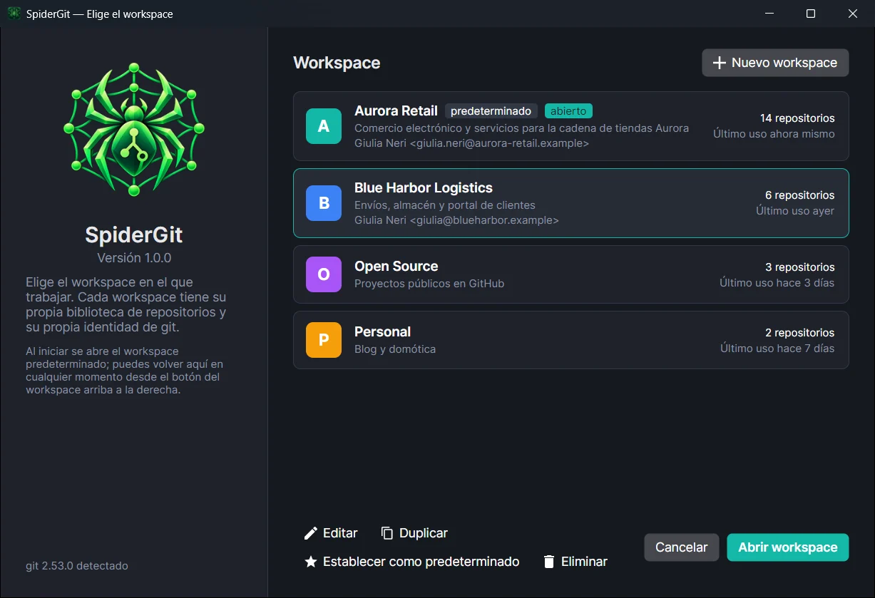Ventana de selección con cuatro workspaces de colores (Aurora Retail, Blue Harbor Logistics, Open Source, Personal), cada uno con su nombre y correo de git.