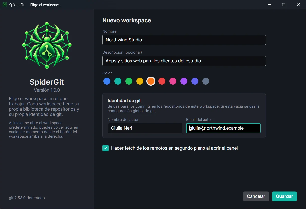 Formulario de un nuevo workspace con nombre, descripción, color, nombre y correo de git y fetch automático.