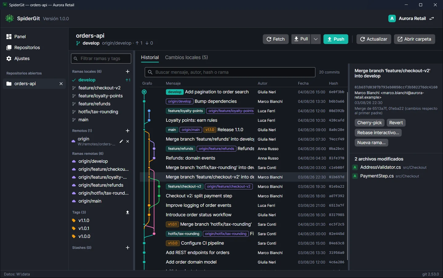 Vista del repositorio con el panel de ramas, tags, remotos y stashes a la izquierda y el historial con el grafo de ramas en color y etiquetas en los commits.