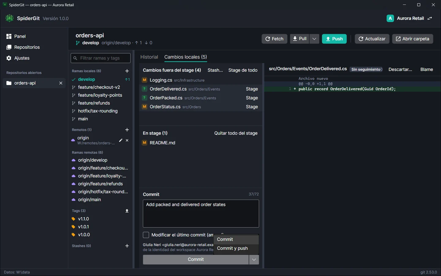 Zona del commit con el mensaje, la identidad usada y el menú del botón Commit abierto en Commit y push.