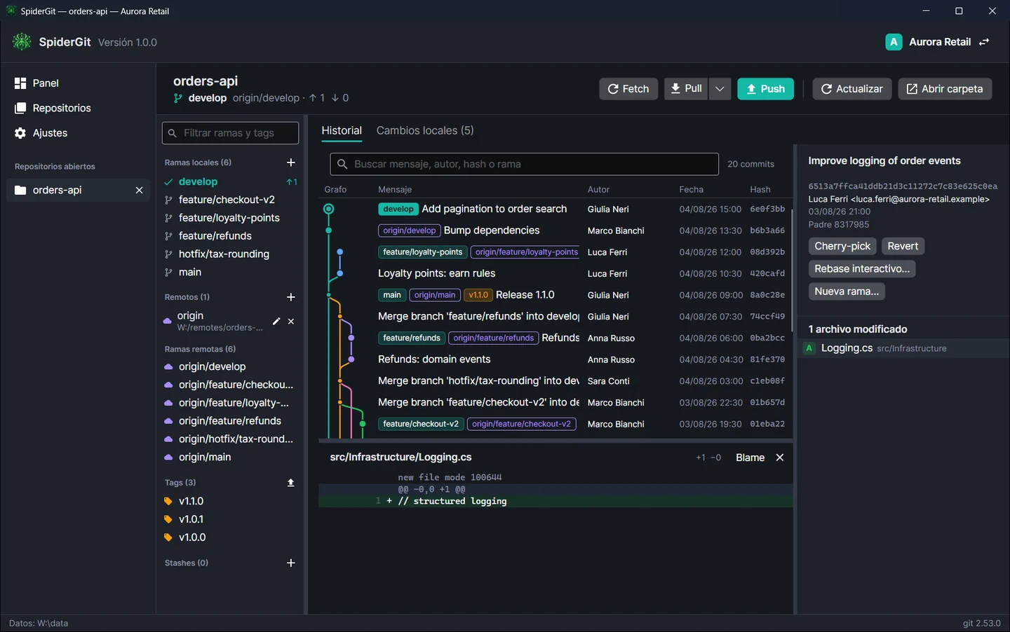 Historial con un commit seleccionado y, debajo, el mensaje completo, autor, fecha, archivos modificados y diff.