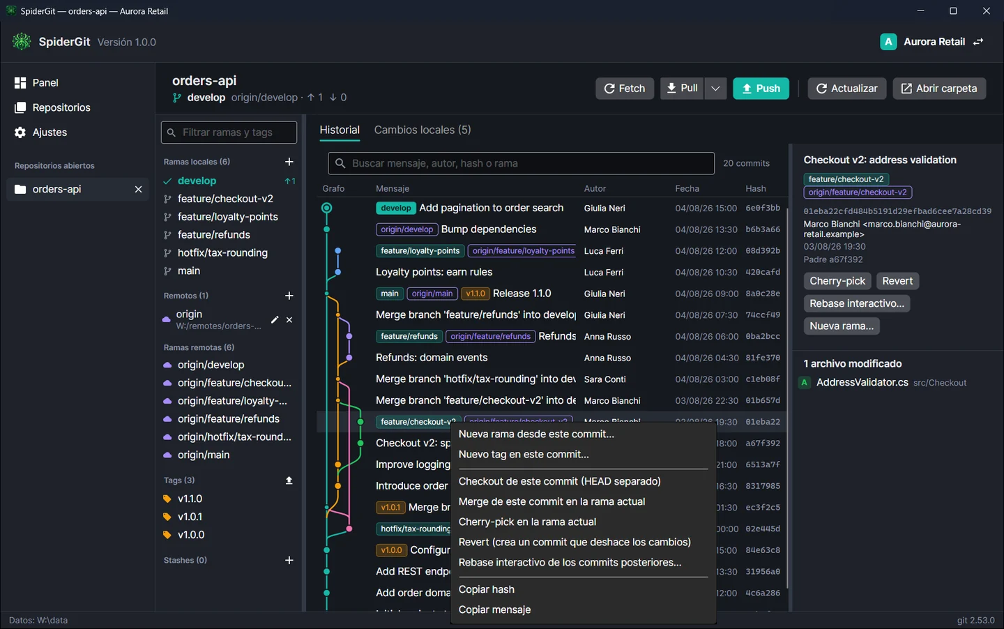 Menú contextual de un commit con nueva rama, tag, checkout, merge, cherry-pick, revert, rebase interactivo y copiar.