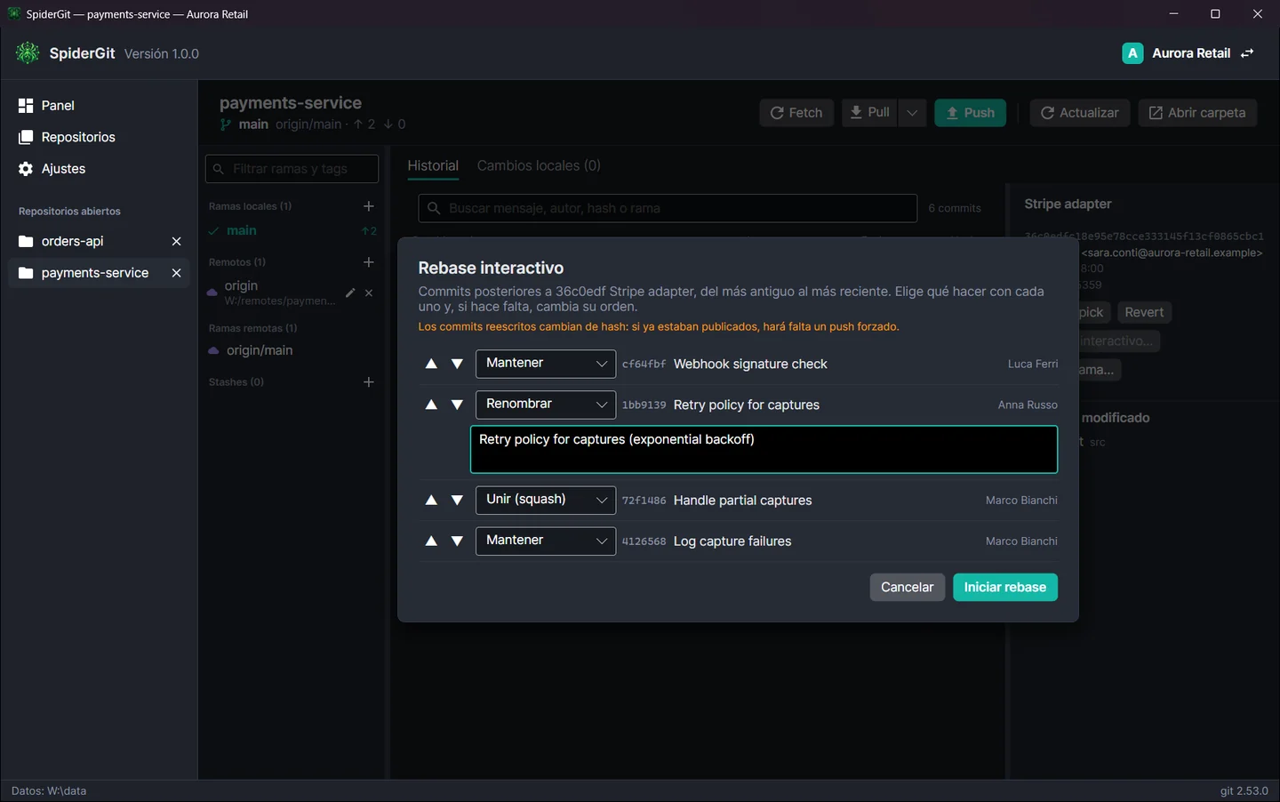 Ventana del rebase interactivo con la lista de commits, la acción elegida para cada uno y las flechas para reordenarlos.