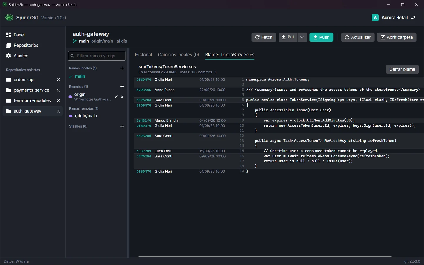 Blame de un archivo C# con commit, autor y fecha junto a cada línea.