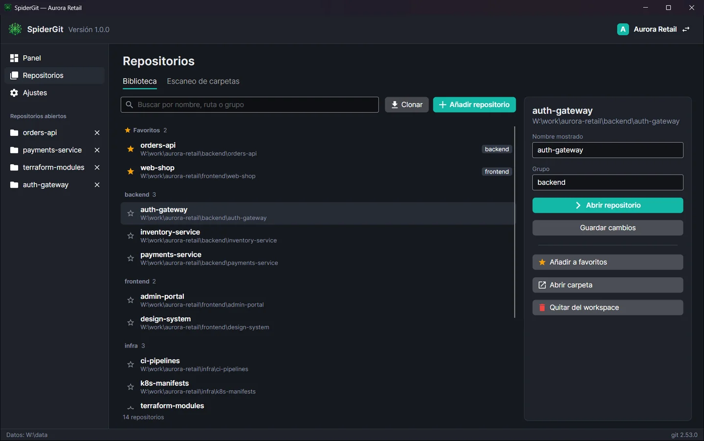 Biblioteca de repositorios dividida en favoritos y grupos, con el panel de detalle para nombre, grupo y ruta.