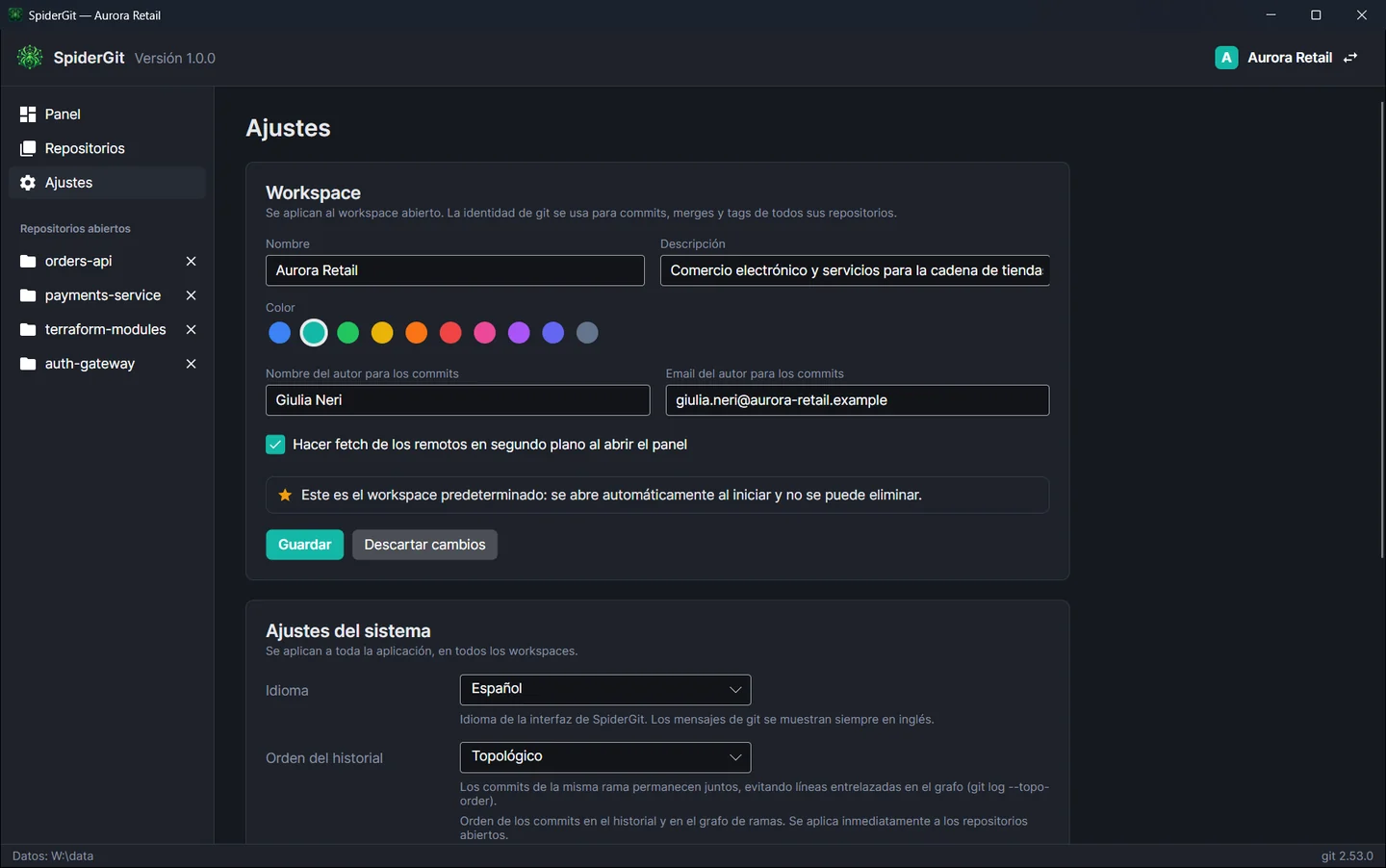 Página de Ajustes con la edición del workspace abierto: nombre, color, identidad git y fetch automático.