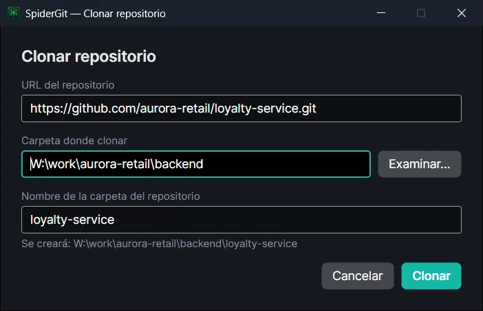 Ventana Clonar repositorio con la URL, la carpeta donde clonar y el nombre de la carpeta del repositorio.