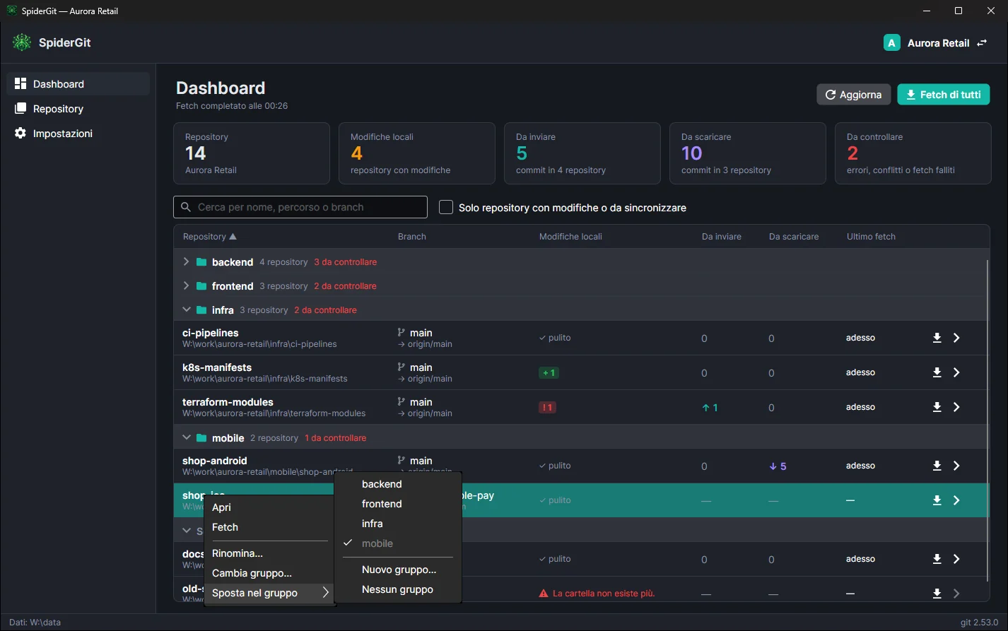 Menu contestuale aperto su un repository della dashboard con le voci Apri, Fetch, Rinomina, Cambia gruppo e il sottomenu Sposta nel gruppo.