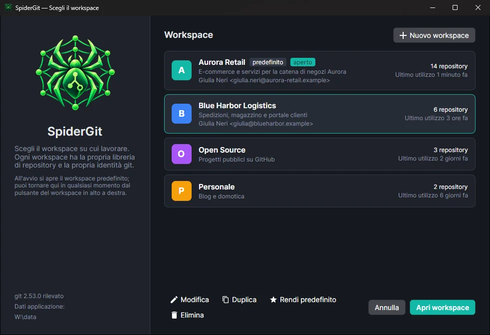 Finestra di scelta con quattro workspace colorati (Aurora Retail, Blue Harbor Logistics, Open Source, Personale), ognuno con nome ed email git.