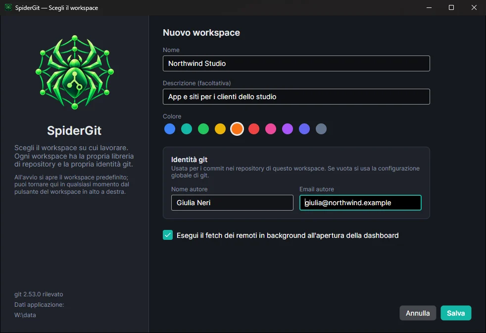 Maschera di un nuovo workspace con nome, descrizione, colore, nome ed email git e fetch automatico.