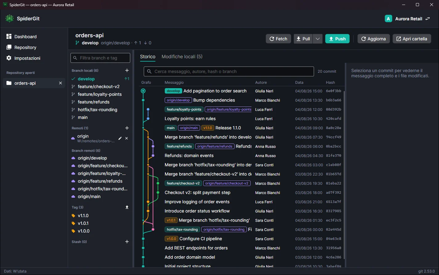 Vista repository con il pannello di branch, tag, remoti e stash a sinistra e lo storico con il grafo colorato dei branch ed etichette sui commit.