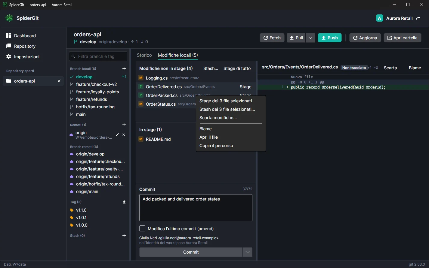 Tre file selezionati nella lista delle modifiche con il menu contestuale aperto sulle voci Stage e Stash dei file selezionati.