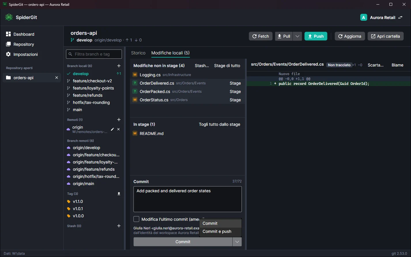 Area del commit con messaggio, identità usata e menu del pulsante Commit aperto sulla voce Commit e push.