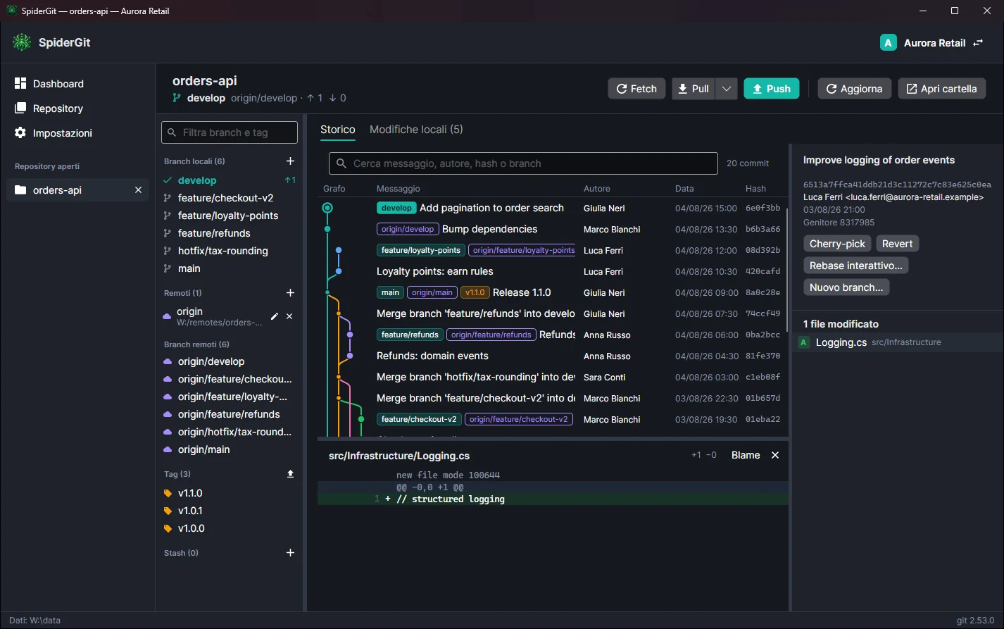 Storico con un commit selezionato e sotto il messaggio completo, autore, data, file modificati e diff.