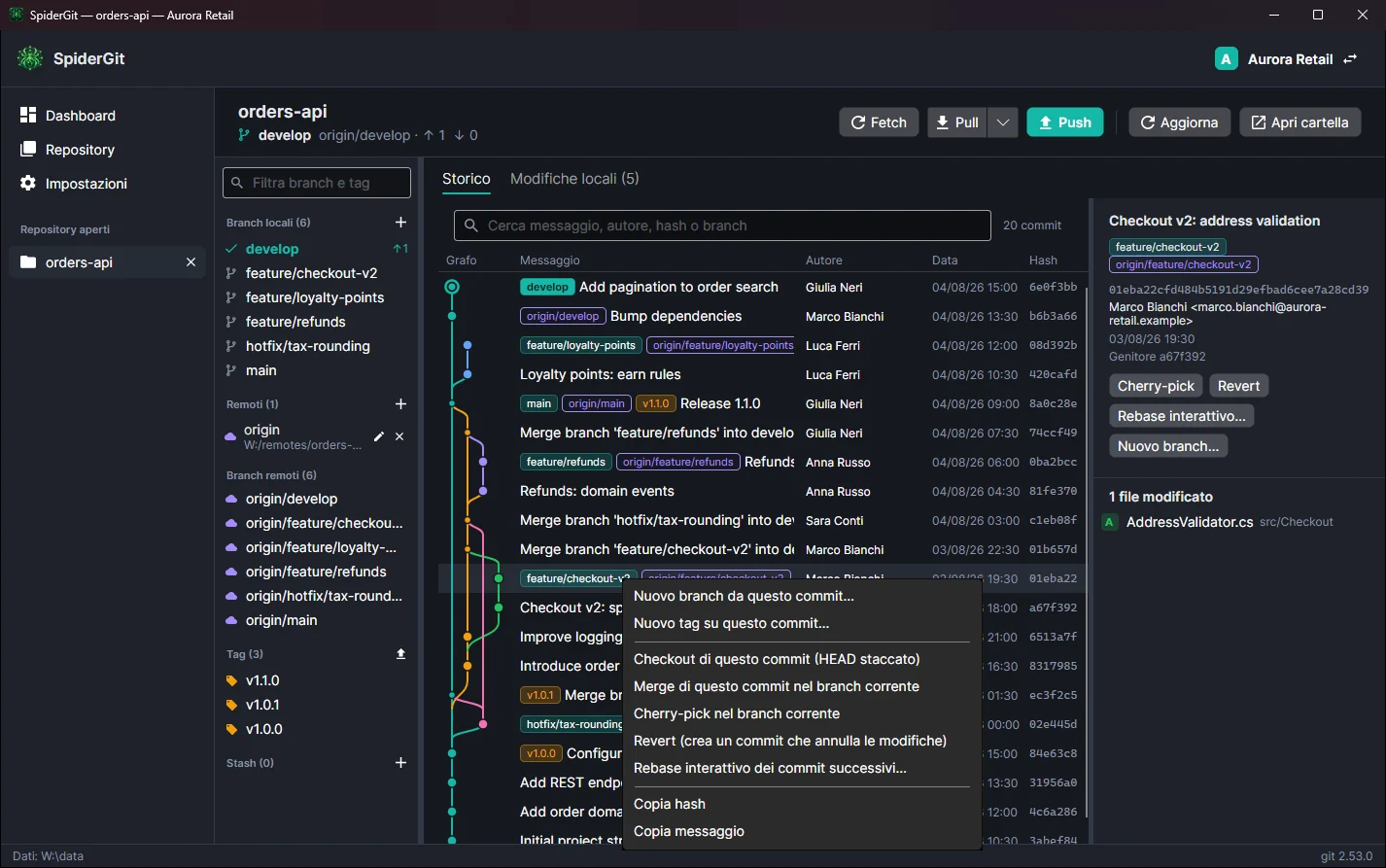 Menu contestuale di un commit con nuovo branch, tag, checkout, merge, cherry-pick, revert, rebase interattivo e copia.