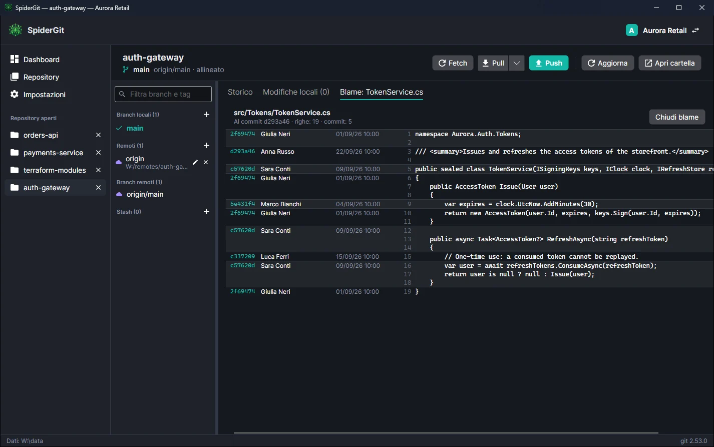 Blame di un file C# con commit, autore e data a fianco di ogni riga.