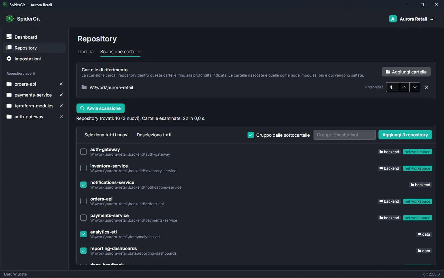 Risultati della scansione di una cartella con i repository già presenti e tre nuovi con il gruppo suggerito dalle sottocartelle.