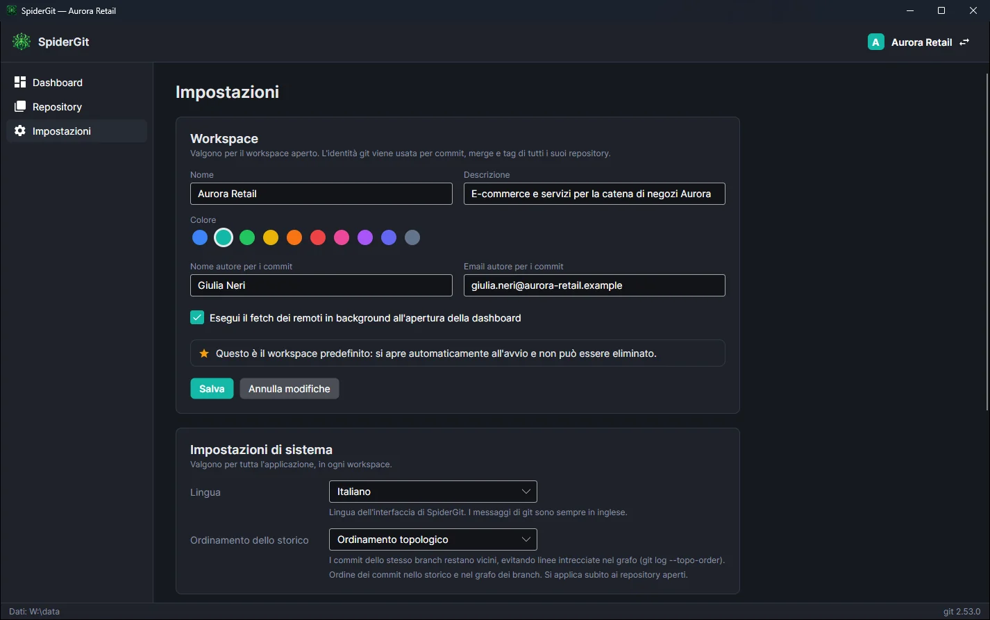 Pagina Impostazioni con la modifica del workspace aperto: nome, colore, identità git e fetch automatico.