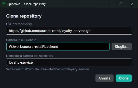 Finestra Clona repository con URL, cartella in cui clonare e nome della cartella del repository.