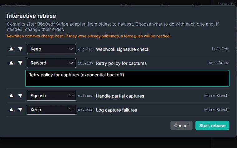 Interactive rebase window with the list of commits, the action chosen for each and arrows to reorder them.