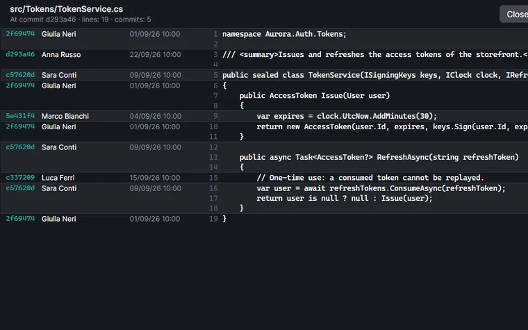 Blame of a C# file with commit, author and date next to each line.