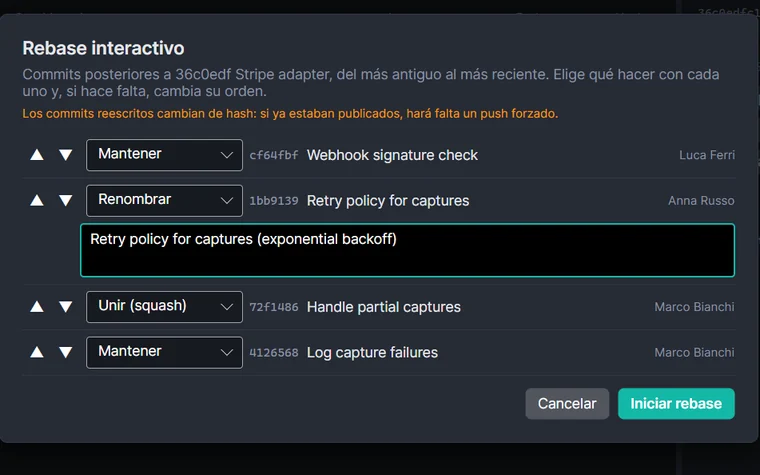 Ventana del rebase interactivo con la lista de commits, la acción elegida para cada uno y las flechas para reordenarlos.