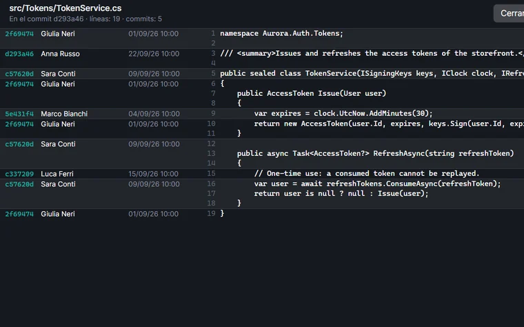 Blame de un archivo C# con commit, autor y fecha junto a cada línea.