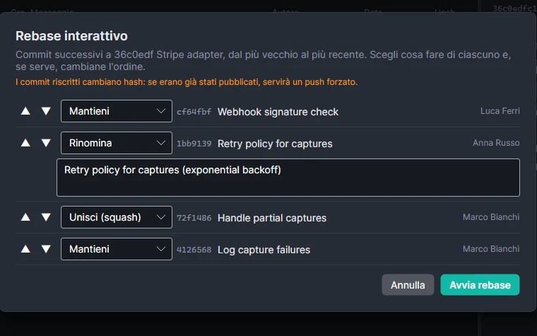Finestra del rebase interattivo con l'elenco dei commit, l'azione scelta per ognuno e le frecce per riordinarli.