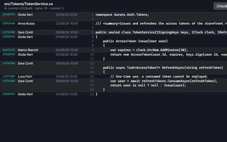 Blame di un file C# con commit, autore e data a fianco di ogni riga.